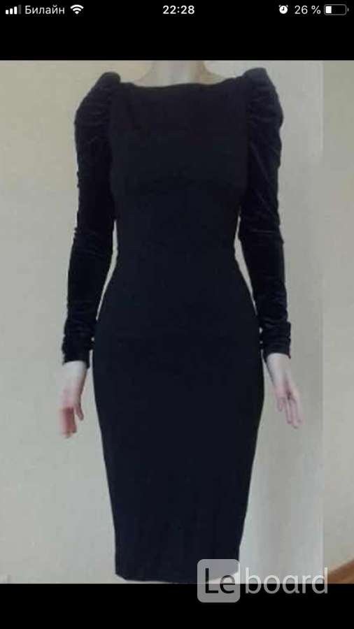 Платье футляр новое м 46 чёрное миди по фигуре ткань плотная вечернее бархат рукава бант стретч плот - фотография