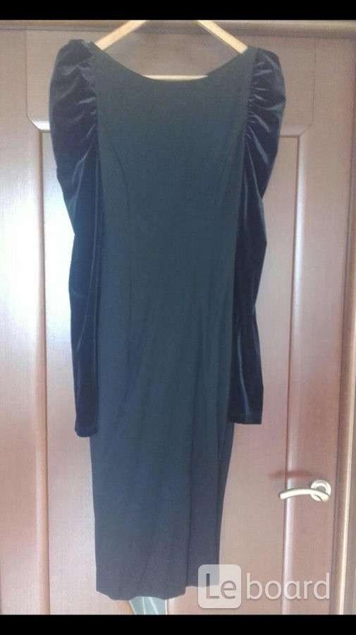 Платье футляр новое м 46 чёрное миди по фигуре ткань плотная вечернее бархат рукава бант стретч плот - фотография