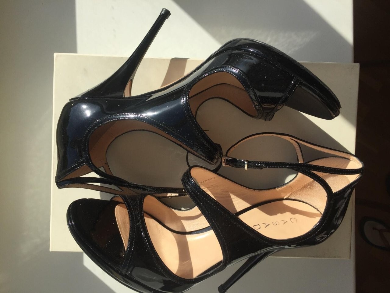 Босоножки туфли casadei италия 39 размер черные лак кожа платформа 1 см каблук шпилька 11 см одевали - фотография